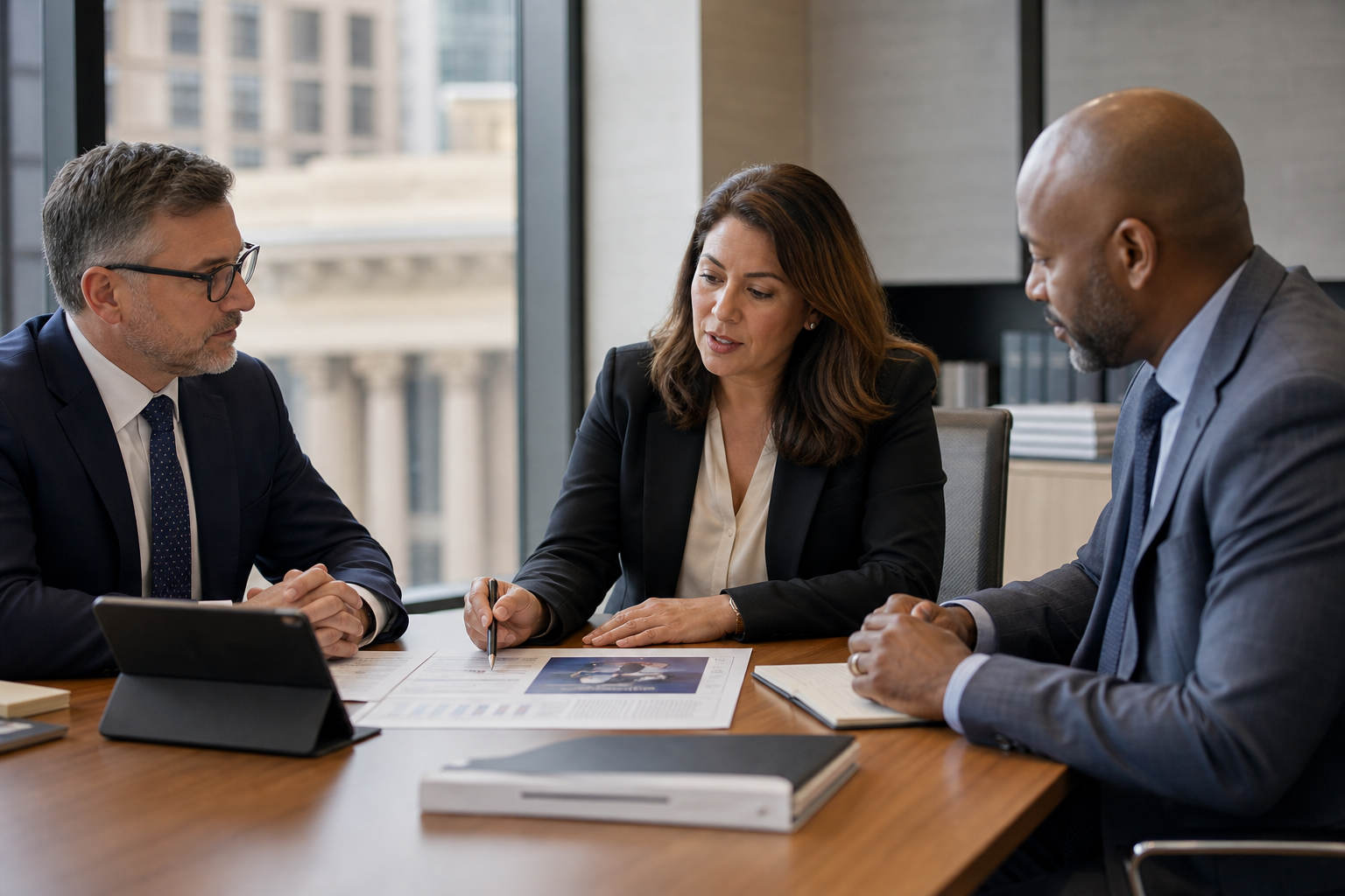Executives reviewing policy documents in a corporate meeting