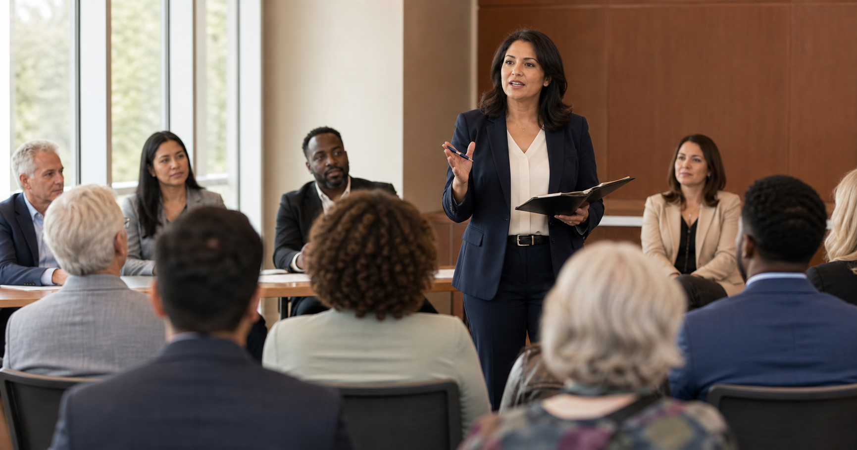 Executive facilitating a stakeholder meeting in a corporate boardroom
